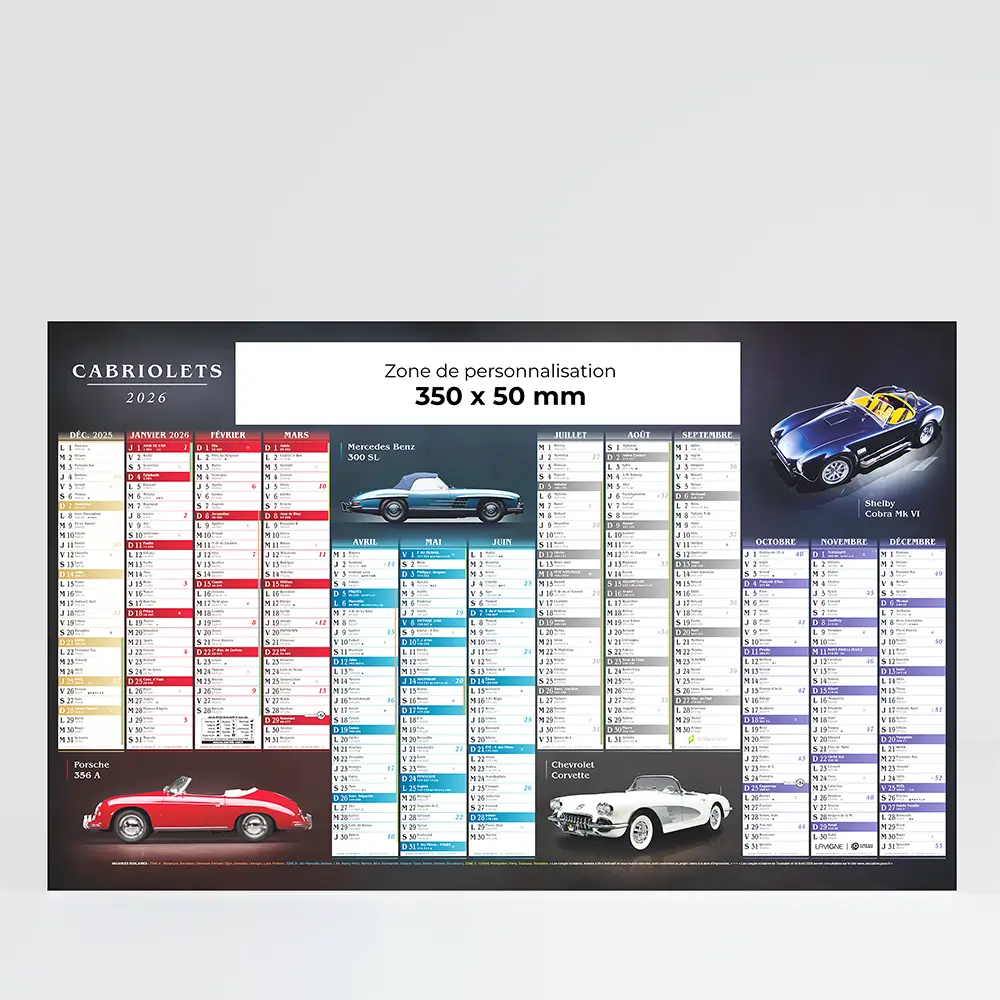 calendrier cartonne maxi format cabriolets sur fond gris