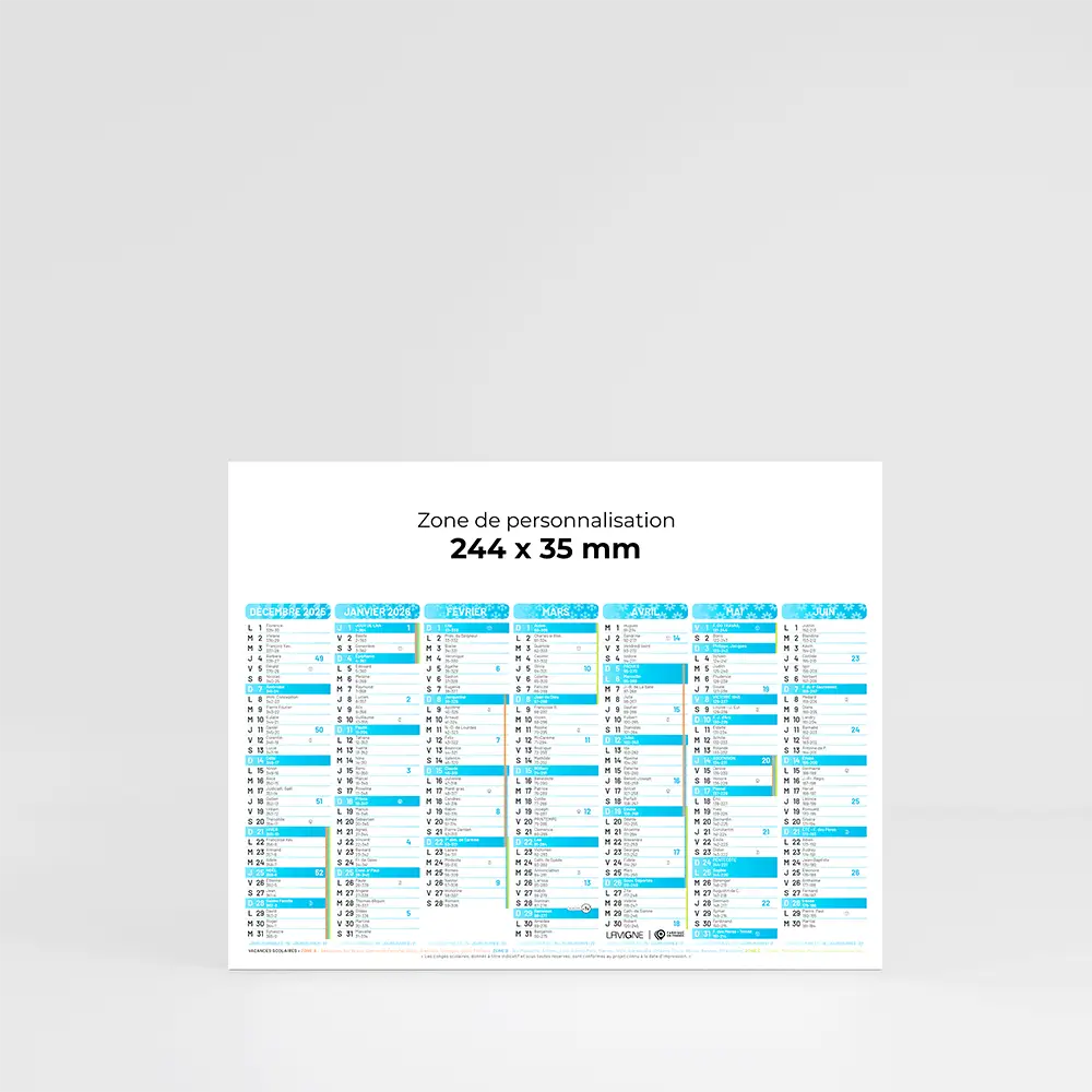 mini calendrier cartonné couleurs cyan sur fond gris