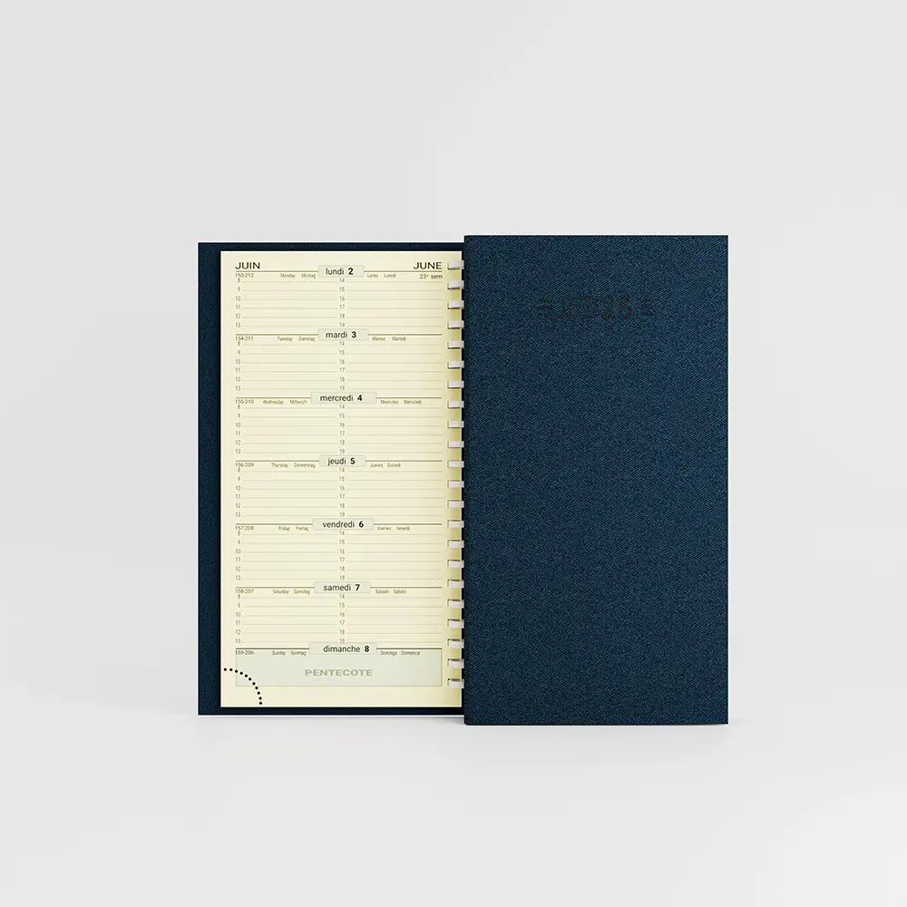 agenda de poche spirale denim bleu fonce sur fond gris