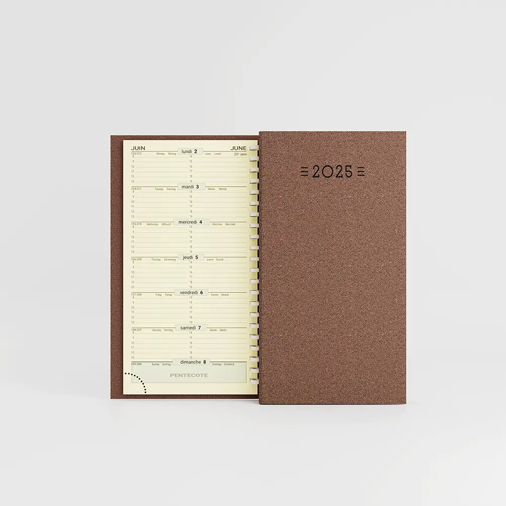 agenda de poche spirale denim marron clair sur fond gris