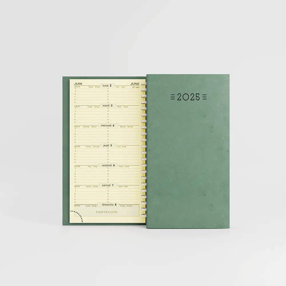 agenda de poche spirale lucca vert amande sur fond gris