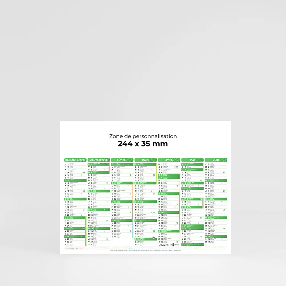 Mini calendrier cartonné Couleurs - Vert