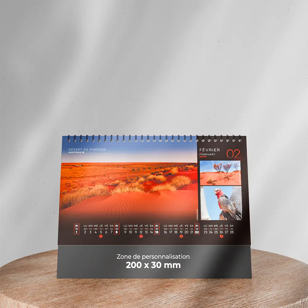 visuel feuillet 3 calendrier de bureau deserts sur support en bois