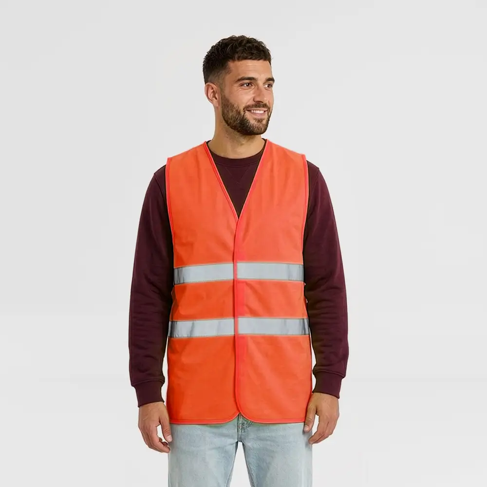 vue avant gilet de securite adulte orange sur fond gris