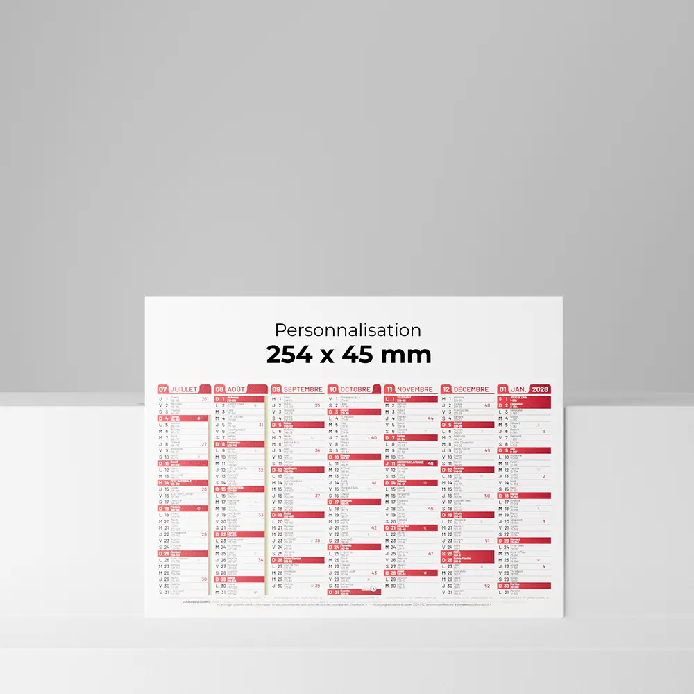 verso mini calendrier cartonne couleur rouge sur fond gris