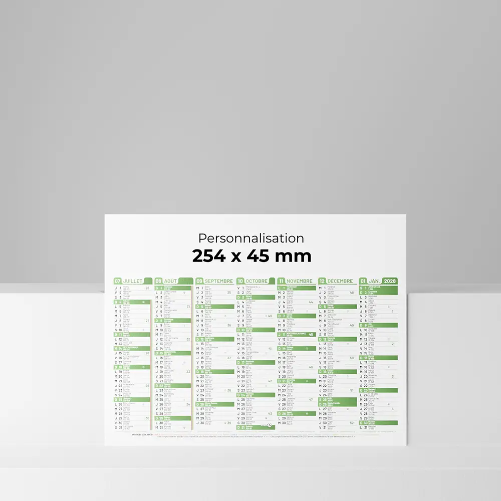 verso mini calendrier cartonne couleur verte sur fond gris
