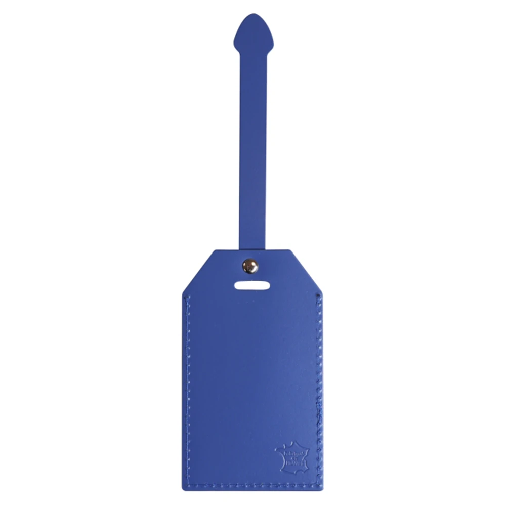 porte etiquette personnalisable en cuir regenere bleu sur fond blanc