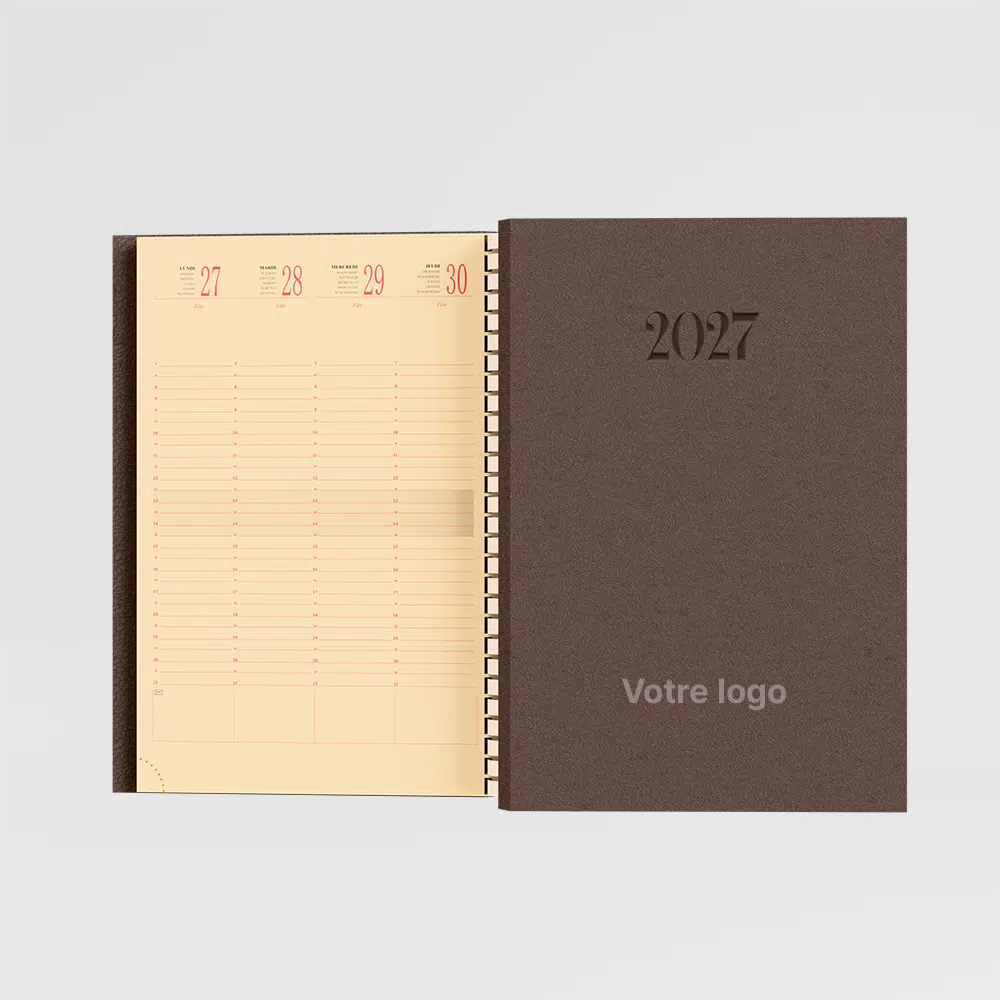 agenda 16×24 cm spirale vivella taupe sur fond gris