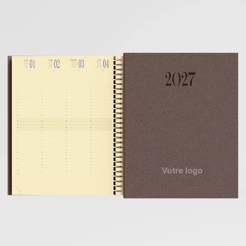 agenda 21x27 cm spirale denim marron clair sur fond gris