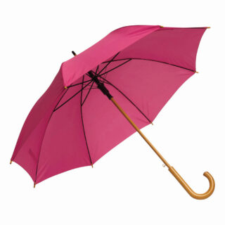 Parapluie automatique rose avec manche en bois naturel rose foncé, vue ouverte de côté