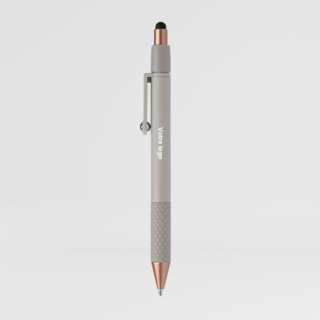 Stylo antistress Alba en plastique recycle avec stylet sur fond gris